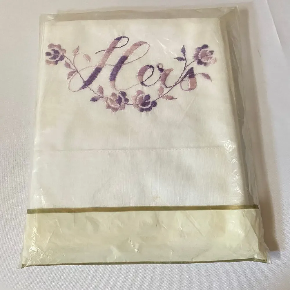 Vtg His Hers Pillowcases Set 2 Purple Floral Embroidery Cotton NIP Cottagecore